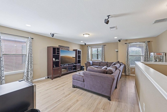 1124 Calla Lily Blvd, Leander, TX 78641 - living room with light wood-type flooring, recessed lighting, and a textured ceiling