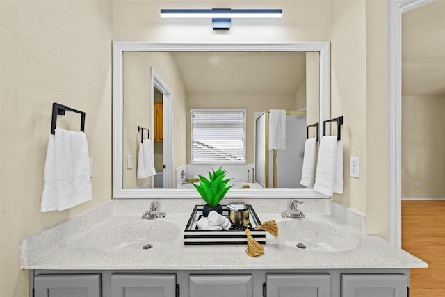 3528 Ruby Red Dr, Austin, TX 78728 - bathroom featuring double vanity, wood finished floors, and an enclosed shower