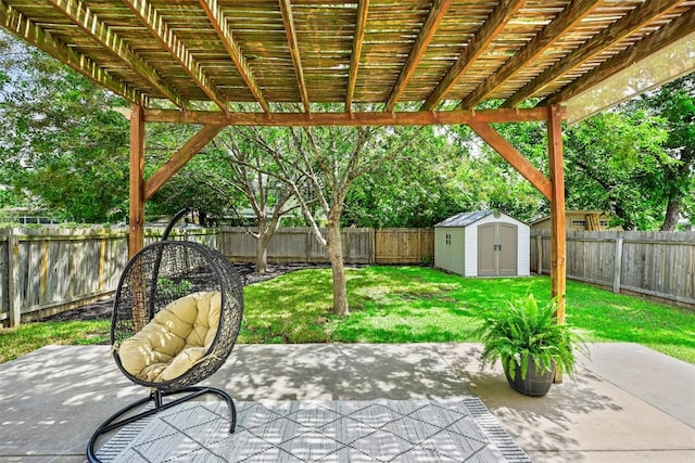 3528 Ruby Red Dr, Austin, TX 78728 - fenced backyard with a storage shed, a patio area, and a pergola