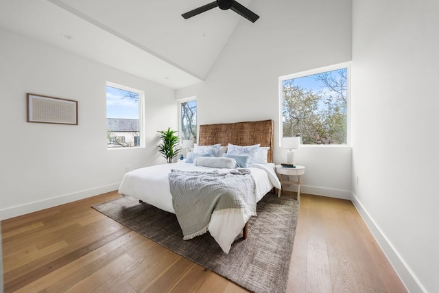 1703 Miami Dr, Austin, TX 78733 - bedroom featuring light wood-style flooring, high vaulted ceiling, and ceiling fan