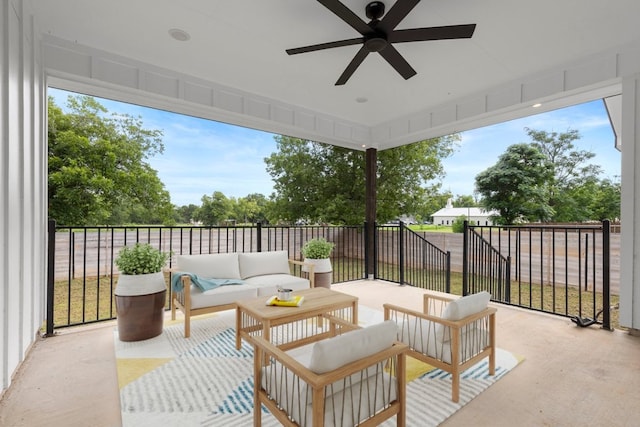 108 Bill St, Elgin, TX 78621 - fenced backyard featuring outdoor lounge area, ceiling fan, and a patio area