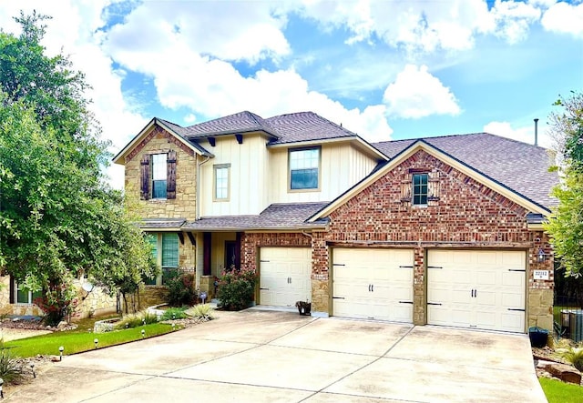craftsman-style home featuring driveway, stone siding, board and batten siding, a shingled roof, and a garage