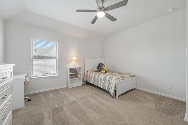 913 Landing Ln, Leander, TX 78641 - bedroom featuring light colored carpet, lofted ceiling, and a ceiling fan