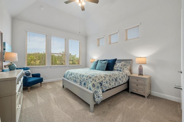 913 Landing Ln, Leander, TX 78641 - bedroom with light colored carpet, a ceiling fan, and vaulted ceiling