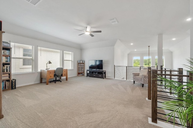 913 Landing Ln, Leander, TX 78641 - office space featuring a ceiling fan, light colored carpet, and recessed lighting