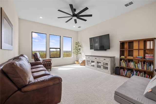 4100 Peak Look Out Dr, Austin, TX 78738 - living area featuring ceiling fan, carpet flooring, and recessed lighting