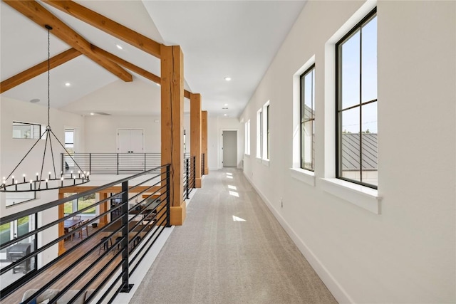 4100 Peak Look Out Dr, Austin, TX 78738 - hall featuring a chandelier, an upstairs landing, recessed lighting, and carpet floors