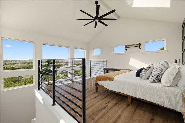 4100 Peak Look Out Dr, Austin, TX 78738 - bedroom with wood finished floors, high vaulted ceiling, beam ceiling, and a ceiling fan
