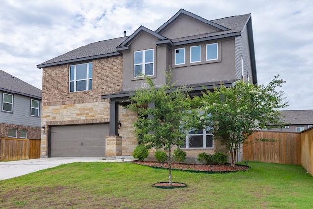 103 Periwinkle Ln, Bastrop, TX 78602 - view of front facade featuring a garage, driveway, stucco siding, stone siding, and brick siding