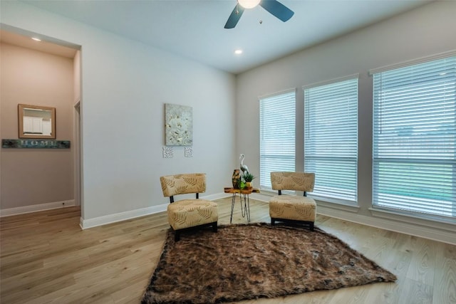 103 Periwinkle Ln, Bastrop, TX 78602 - sitting room featuring a ceiling fan, light wood-style flooring, and recessed lighting