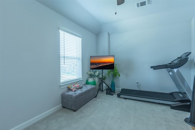 126 Periwinkle Ln, Bastrop, TX 78602 - exercise room with carpet floors, plenty of natural light, a ceiling fan, and vaulted ceiling