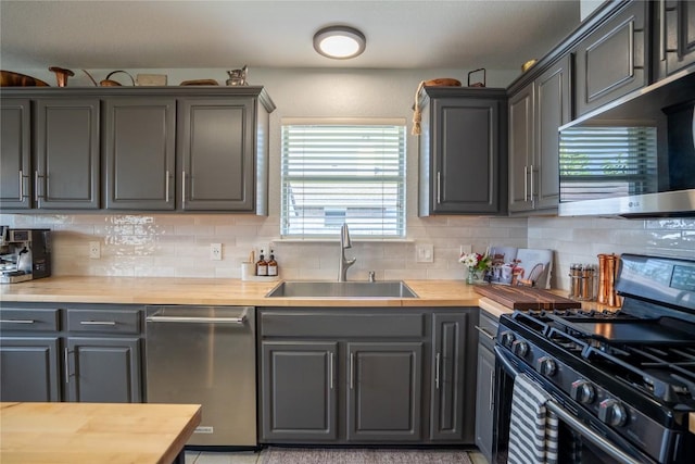 1410 Sherry Dr, Taylor, TX 76574 - kitchen with stainless steel appliances, wooden counters, gray cabinets, and backsplash