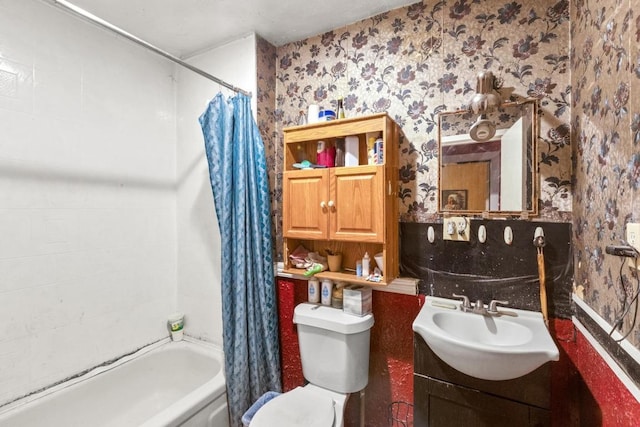147 Sunset Hts, Bastrop, TX 78602 - bathroom with wallpapered walls, vanity, and shower / bathtub combination with curtain