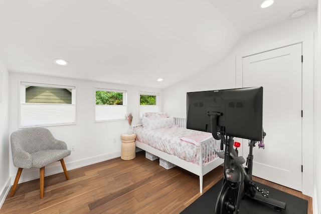 606 Augusta Ave Unit 1, Austin, TX 78703 - bedroom featuring wood finished floors, lofted ceiling, and recessed lighting