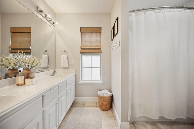 1215 Boerne Dr, Cedar Park, TX 78613 - bathroom featuring double vanity, tile patterned floors, and curtained shower