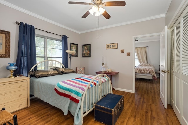 429 W 4th St, Flatonia, TX 78941 - bedroom with a closet, ornamental molding, wood finished floors, and ceiling fan