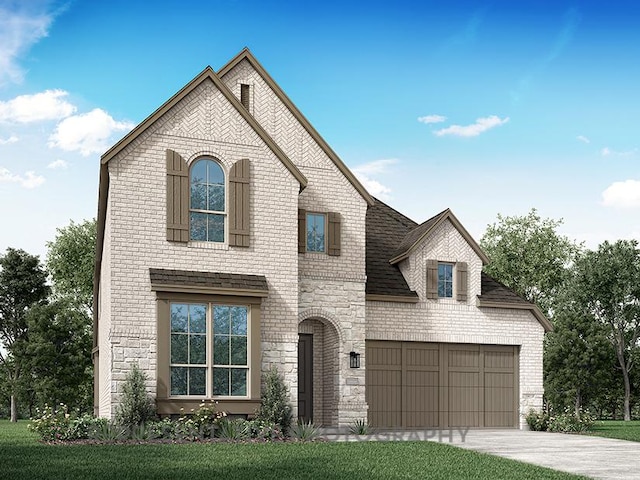 1401 Snowdrop Dr, Georgetown, TX 78628 - french country home featuring brick siding, driveway, stone siding, and an attached garage