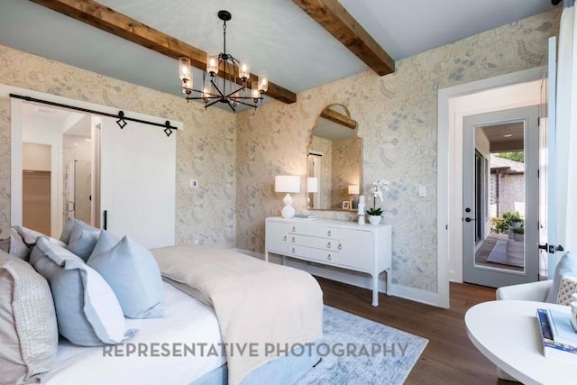 1401 Snowdrop Dr, Georgetown, TX 78628 - bedroom with dark wood-style floors, beamed ceiling, a chandelier, a barn door, and wallpapered walls