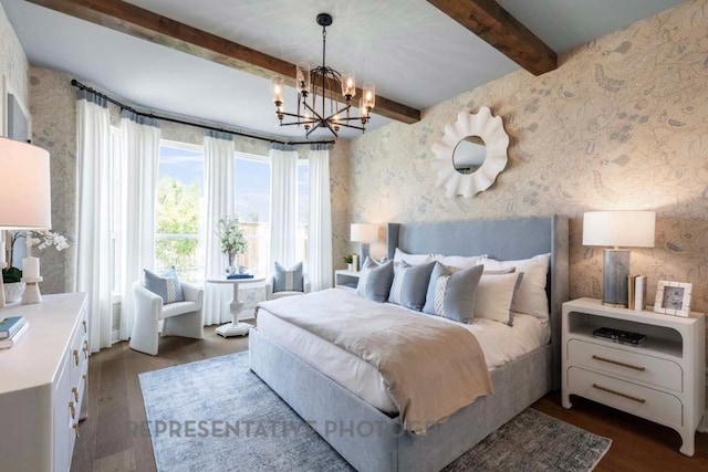 1401 Snowdrop Dr, Georgetown, TX 78628 - bedroom featuring wallpapered walls, beam ceiling, dark wood-style flooring, and a chandelier