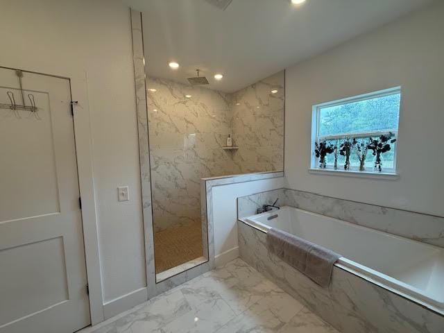 305 Goertz Dr, Red Rock, TX 78662 - bathroom with a marble finish shower, marble look tile flooring, a garden tub, and recessed lighting