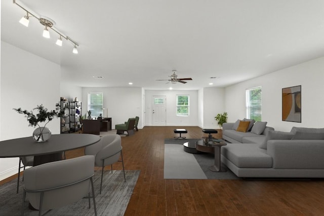 1612 Westmoor Dr, Austin, TX 78723 - living area featuring hardwood / wood-style flooring, ceiling fan, and recessed lighting