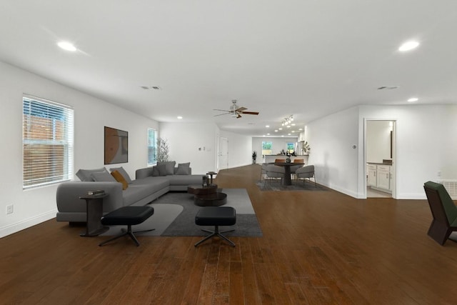 1612 Westmoor Dr, Austin, TX 78723 - living room featuring wood finished floors, a ceiling fan, and recessed lighting