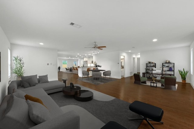 1612 Westmoor Dr, Austin, TX 78723 - living area featuring wood finished floors, recessed lighting, and a ceiling fan