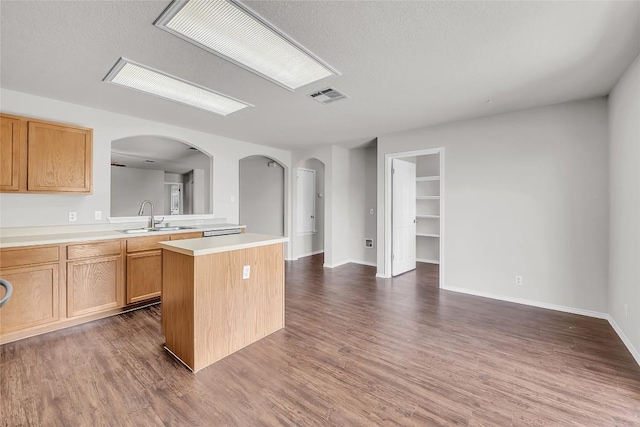100 Grant Cv, Hutto, TX 78634 - kitchen with light countertops, a center island, dark wood finished floors, and arched walkways