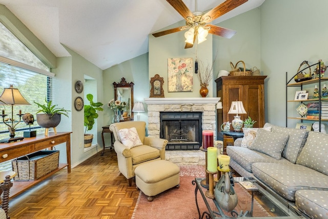 3508 Wendel Cv Unit H16, Austin, TX 78731 - living area with lofted ceiling, a stone fireplace, and a ceiling fan