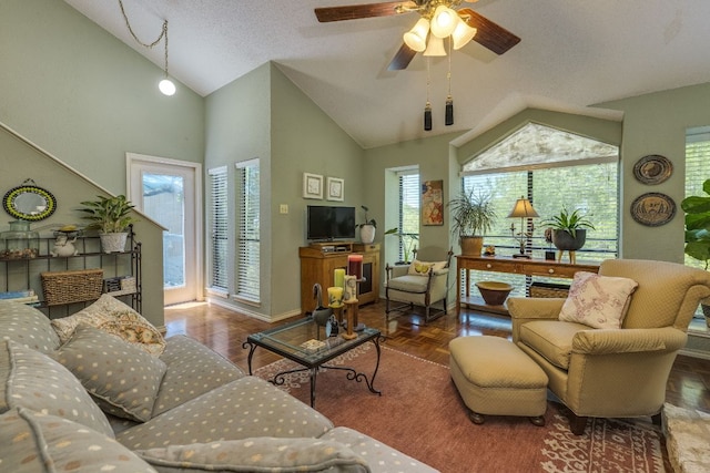 3508 Wendel Cv Unit H16, Austin, TX 78731 - living area with lofted ceiling, healthy amount of natural light, and a ceiling fan