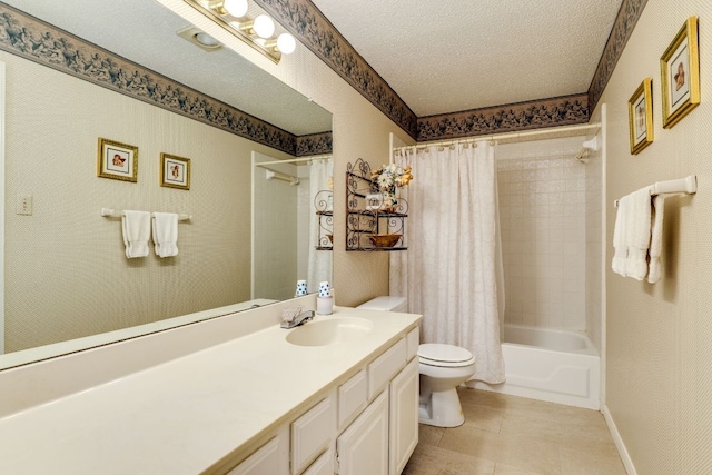 3508 Wendel Cv Unit H16, Austin, TX 78731 - bathroom featuring vanity, a textured ceiling, shower / bath combo with shower curtain, and tile patterned floors