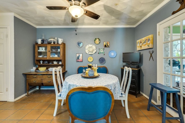3508 Wendel Cv Unit H16, Austin, TX 78731 - dining room with tile patterned flooring, a ceiling fan, and ornamental molding