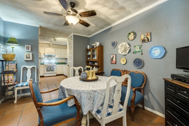 3508 Wendel Cv Unit H16, Austin, TX 78731 - dining space featuring crown molding, a textured wall, a ceiling fan, and light tile patterned flooring