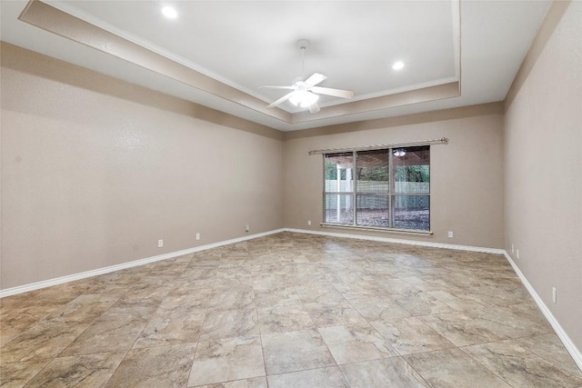 230 Cedar Hills Dr, Elgin, TX 78621 - empty room featuring ornamental molding, a tray ceiling, a ceiling fan, and recessed lighting