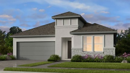 1620 Jonas Cv, Pflugerville, TX 78660 - view of front of house with an attached garage, driveway, stucco siding, stone siding, and roof with shingles