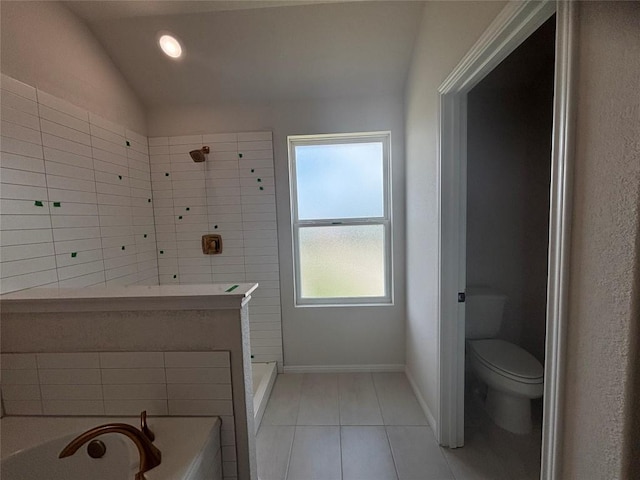 627 Palo Brea Loop, Hutto, TX 78634 - full bathroom with tile patterned floors, tiled shower, a garden tub, and vaulted ceiling