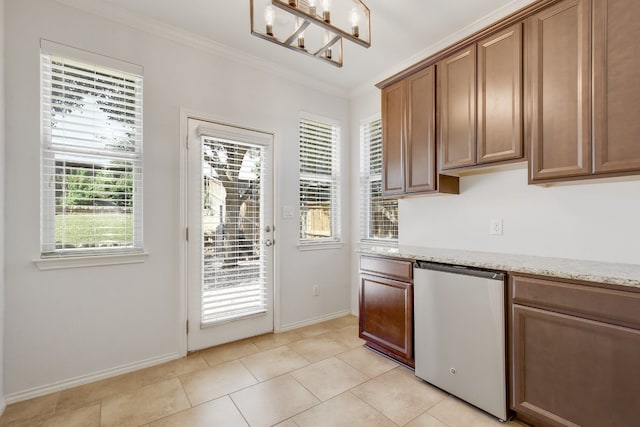 1209 Salem Park Ct, Austin, TX 78745 - kitchen featuring dishwasher, ornamental molding, brown cabinetry, a chandelier, and light tile patterned floors