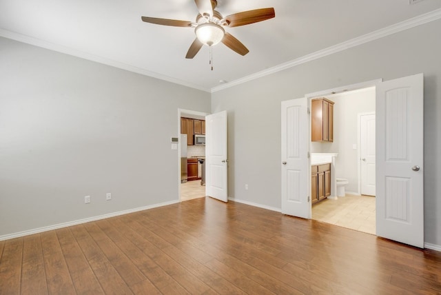 1209 Salem Park Ct, Austin, TX 78745 - unfurnished bedroom featuring crown molding, light wood-style floors, ensuite bath, and a ceiling fan