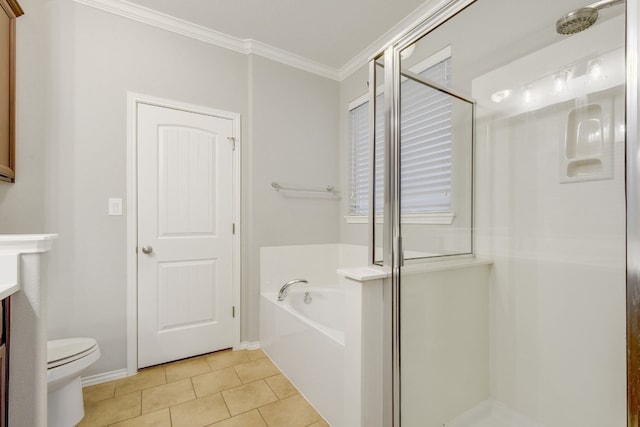 1209 Salem Park Ct, Austin, TX 78745 - bathroom with a shower stall, crown molding, a bath, vanity, and tile patterned floors