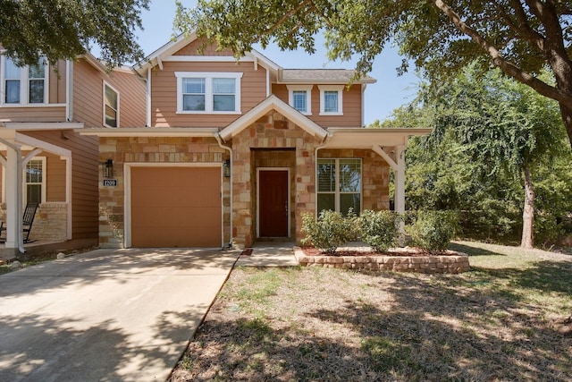 1209 Salem Park Ct, Austin, TX 78745 - view of front of house featuring stone siding, a garage, and driveway