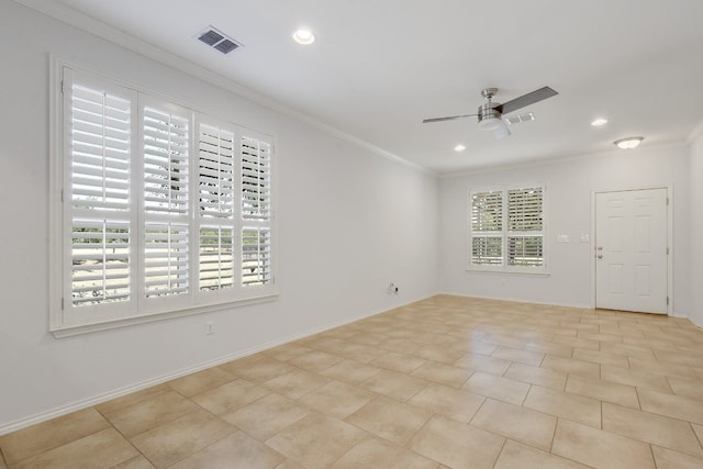 1209 Salem Park Ct, Austin, TX 78745 - empty room featuring ornamental molding, ceiling fan, recessed lighting, and light tile patterned floors