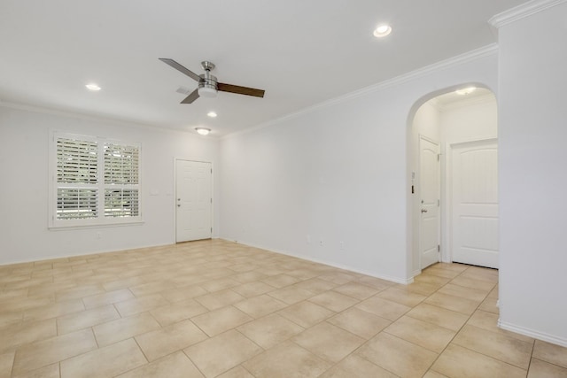1209 Salem Park Ct, Austin, TX 78745 - unfurnished room with ceiling fan, arched walkways, crown molding, recessed lighting, and light tile patterned flooring