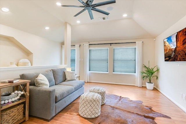 13412 Snow Fall Dr, Austin, TX 78727 - living area with light wood-type flooring, lofted ceiling, ceiling fan, and recessed lighting
