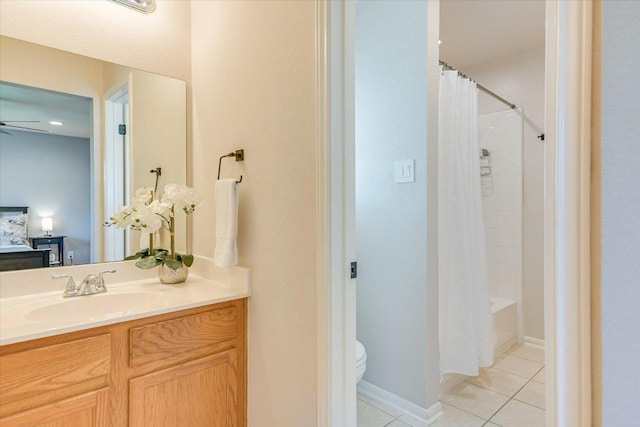 13412 Snow Fall Dr, Austin, TX 78727 - bathroom with tile patterned flooring, vanity, a ceiling fan, shower / bath combination with curtain, and ensuite bath