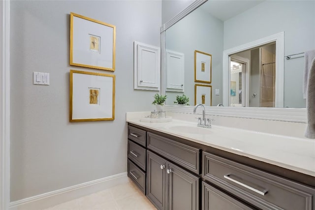 1307 Osprey Ridge Loop, Lago Vista, TX 78645 - bathroom featuring double vanity, tile patterned flooring, and a shower