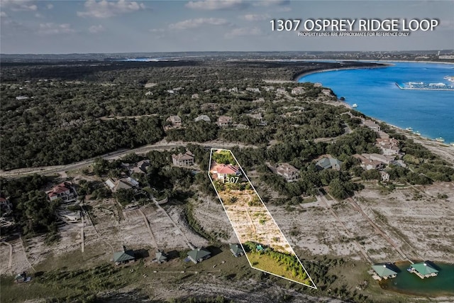 1307 Osprey Ridge Loop, Lago Vista, TX 78645 - aerial overview of property's location with a large body of water and property boundaries highlighted