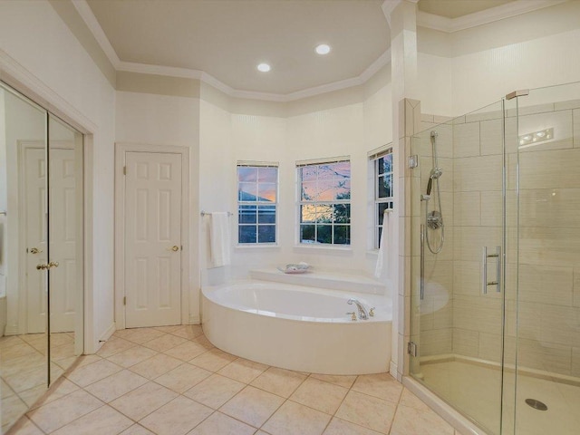 1624 Cabinwood Cv, Austin, TX 78746 - full bathroom featuring a bath, a stall shower, crown molding, recessed lighting, and tile patterned floors