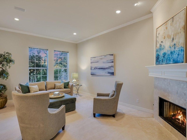 1624 Cabinwood Cv, Austin, TX 78746 - living area featuring a tile fireplace, recessed lighting, ornamental molding, and light colored carpet
