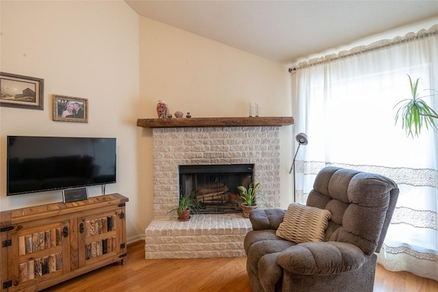 194 Rabbit Trl, Dale, TX 78616 - living area featuring vaulted ceiling, wood finished floors, and a fireplace