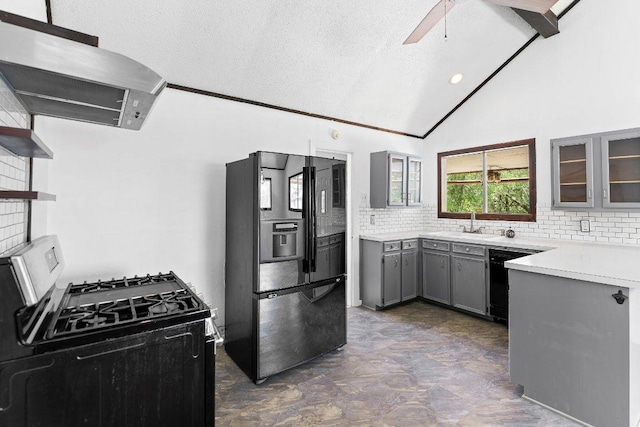 130 Anderson Ln, Red Rock, TX 78662 - kitchen featuring black appliances, gray cabinets, ceiling fan, tasteful backsplash, and a textured ceiling